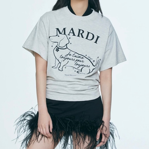 NWOT MARDI MERCREDI TSHIRT SWING THE TAIL DDANJI FLOWER CHOKER_OATMEAL BLACK - Picture 1 of 8